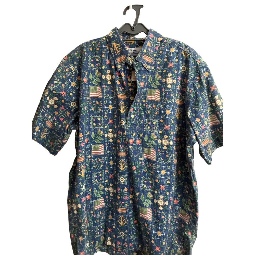 Reyn Spooner Hawaiian Shirt Mens Large Blue American Flag Floral Button Down